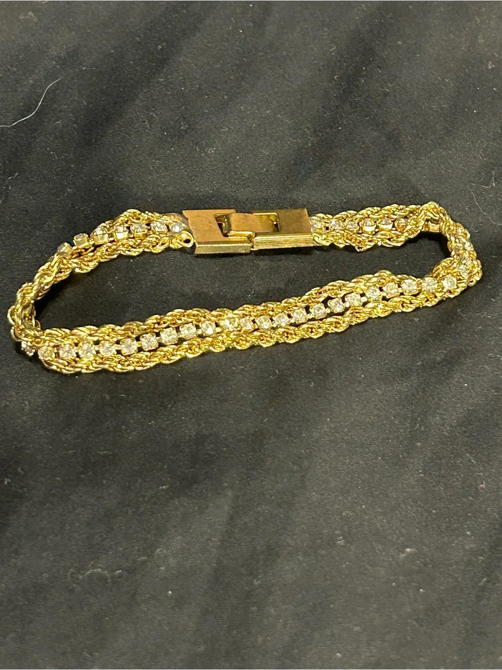 Elegant Vintage Gold-Tone Braided Chain Bracelet with Crystal Row